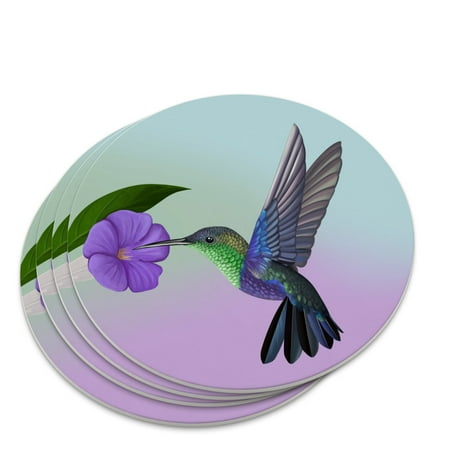 Hummingbird and violet flower coaster set