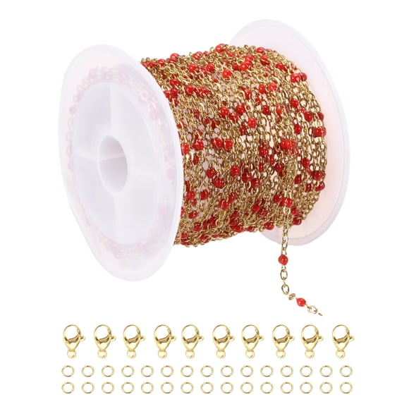 Cadena de cuentas de acero inoxidable Uxcell, 16.4 pies/5M cable de joyería con cuentas de esmalte (Oro/Rojo, paquete de 1)