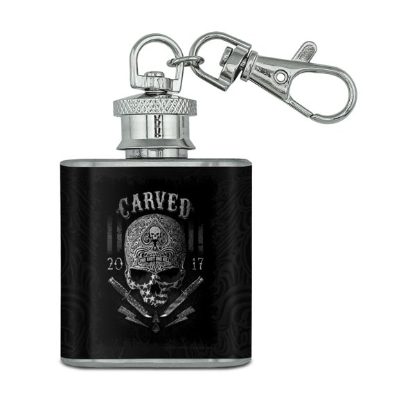 Carved One Shot Kill USA Flag Skull Tactical Stainless Steel 1oz Mini Flask Key Chain