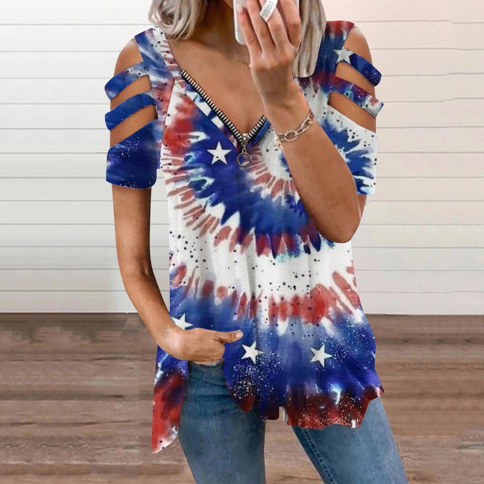 VONCOS Going Out Tops for Women- Crew Neck Casual Short Sleeve Simple  Blouse Easter Printed Light Blue 4 - Walmart.com