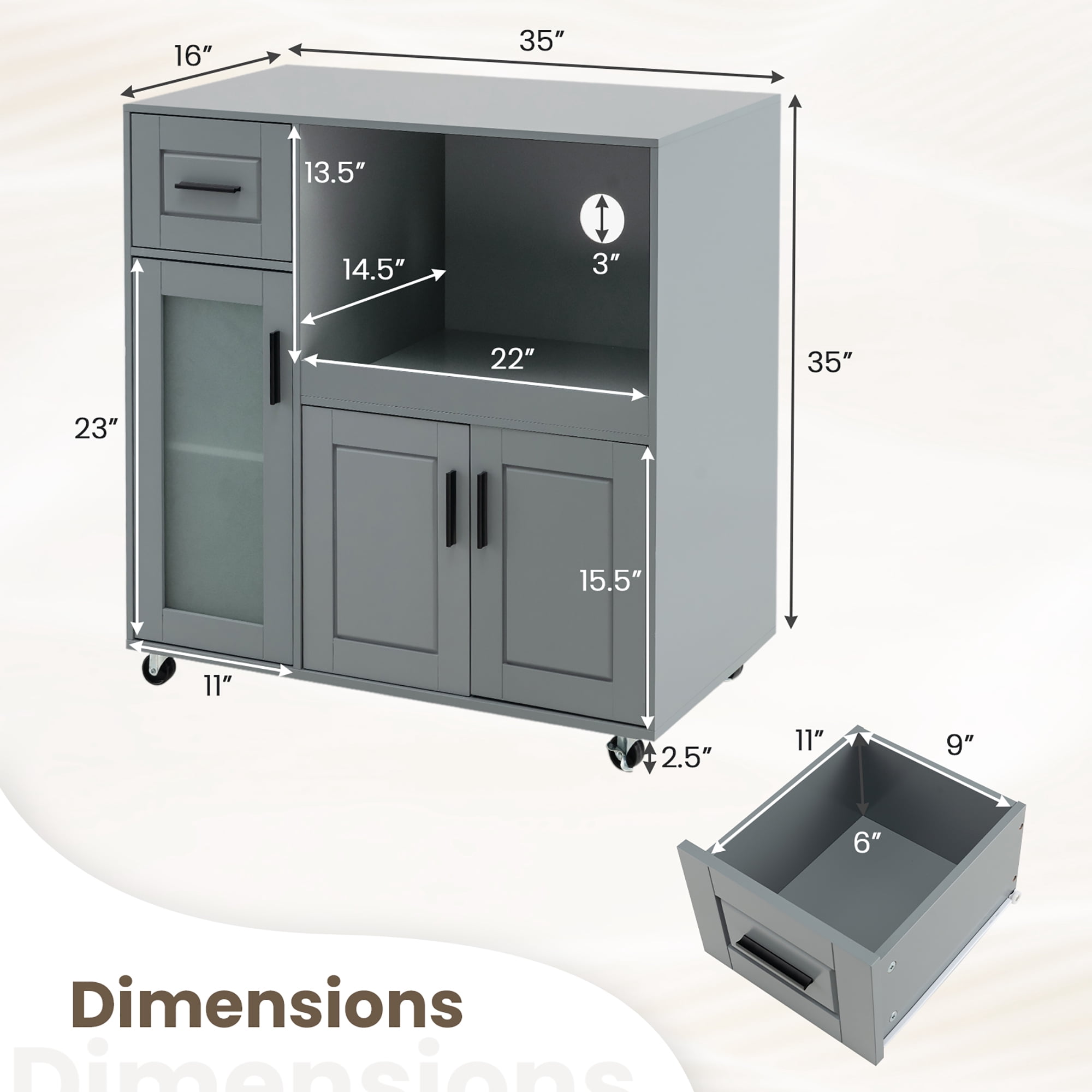 Gymax Kitchen Island Cart on Wheels Microwave Cabinet w/ Frosted Tempered Glass Door