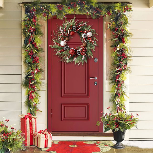 Corona Navideña de Frutos Rojos Artificiales | Decoración Colgante de Plástico Verde de 50 Cm | 1 Unidad | Uso Interior y Exterior | 50 Cm