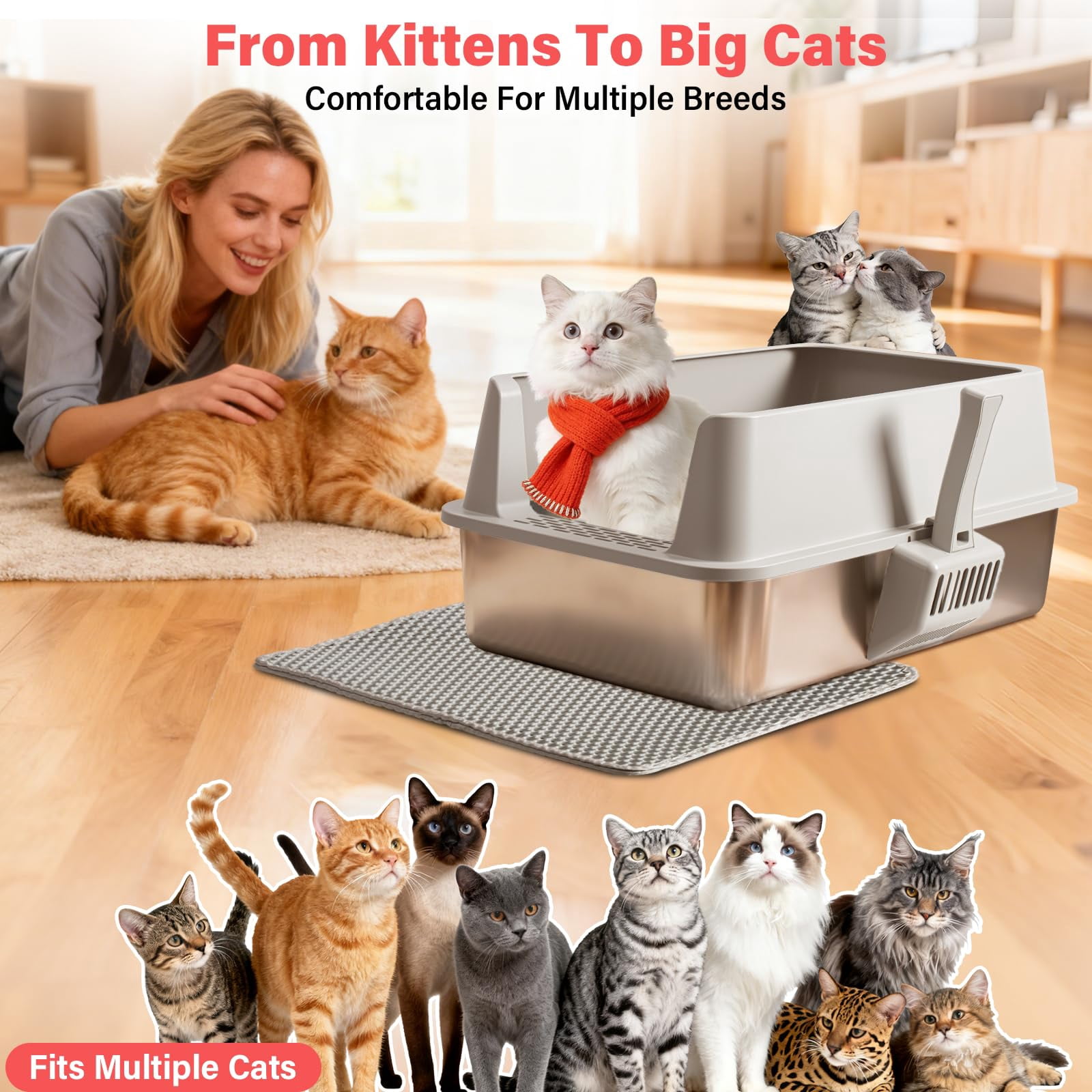 Stainless Steel Cat Litter Box With Lid  Xl Metal High Sided Odor-free/anti-urine Leakage & Non-stick Extra Large Mat Scoop For Multiple/big Cats Easy Cleaning (grey)