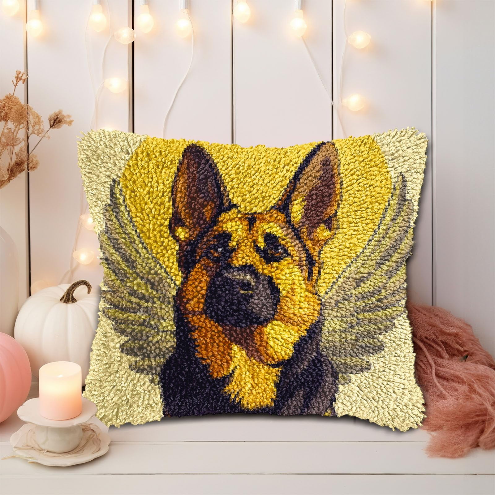 DIY Latch Hook Pillow Kits for Adults German Shepherd with Angel Wing Printed Pillowcase Crochet Yarns Hooking Handmade Pillow Cover Cushion for Home Sofa Decoration 17x17inch-4
