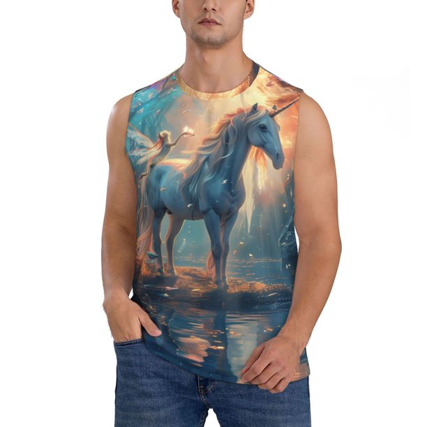 Fotbe Forest Lake White Horse Men's Camiseta sin Mangas Estampada para Hombres, Playera Casual para Gimnasio, Entrenamiento, Playa-Small