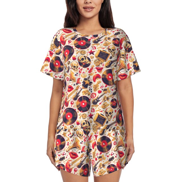 Fotbe gold Skull Guitar record Conjunto de Pijama Estampado para Mujer, 2 Piezas, Ropa de Dormir con Camiseta de Manga Corta y Shorts Suaves-Large