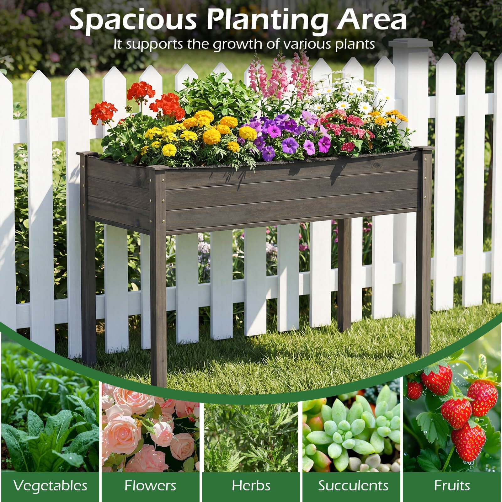 Costway Wooden Raised Vegetable Garden Bed Elevated Grow Vegetable Planter Gray