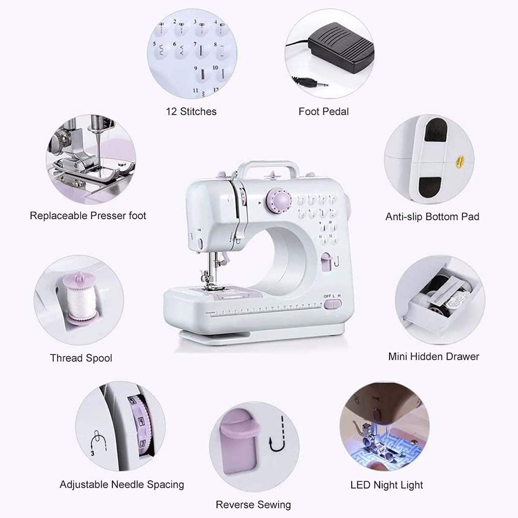 Sewing Machine for Beginners with Foot Pedal,Multifunctional Household Sewing Machine,Automatic Thread Rewind,Double Thread and Double Speed,12 Build-in Stitches