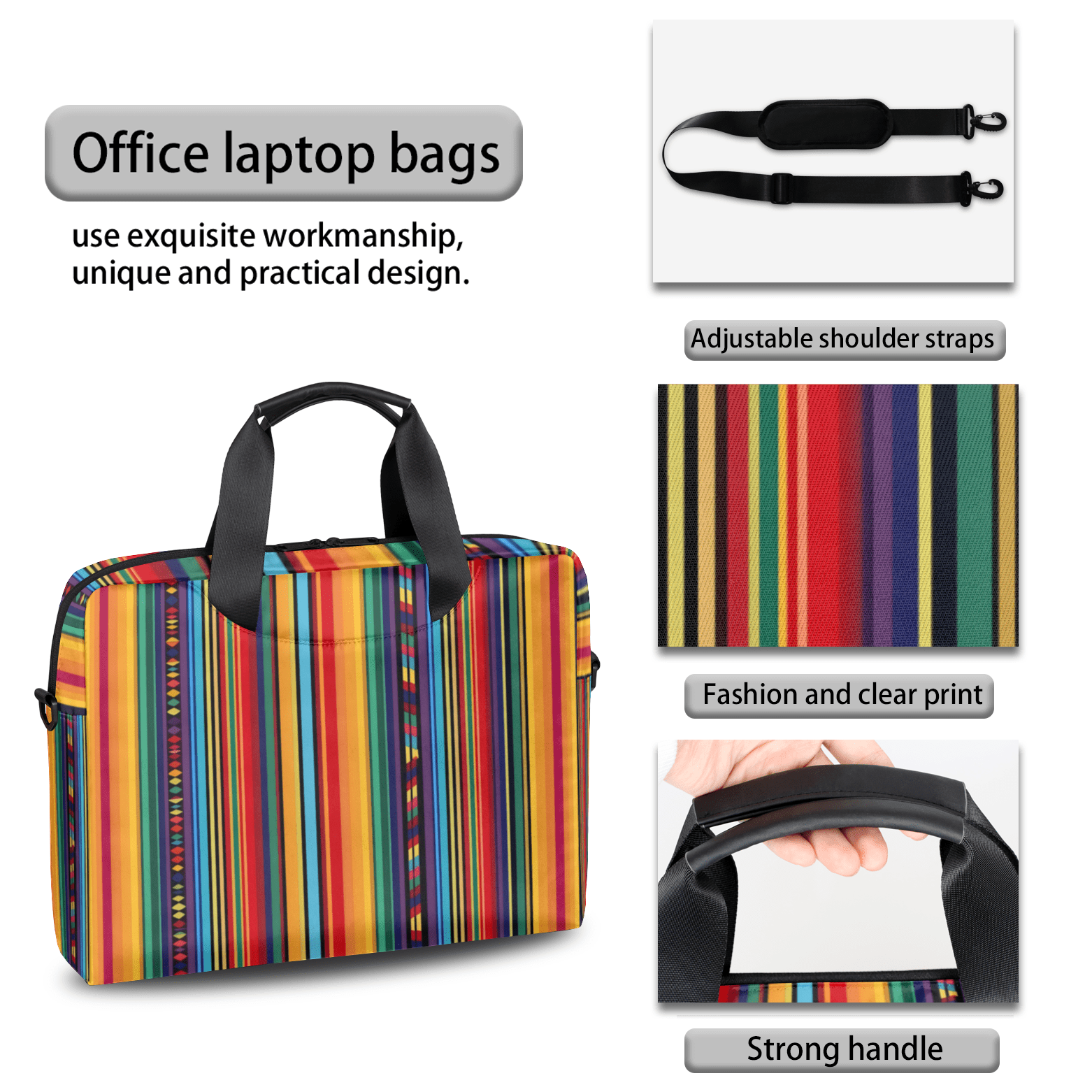 Herdesigns Boho Colorful Striped Laptop Bag for Women Men, Computer Case Briefcase Messenger Bags, 15-15.6 inch Laptop Sleeve Shoulder Bag