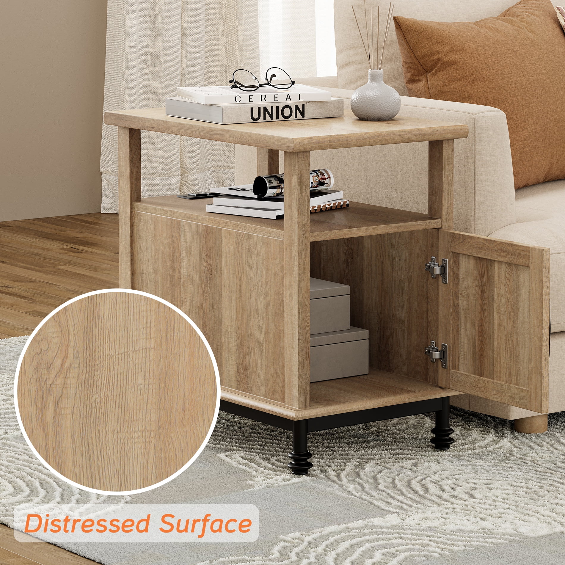 Oak End Table Bedside Table with Charging Station & Cabinet for Bedroom, Side Table for Living Room, 23.6 inches
