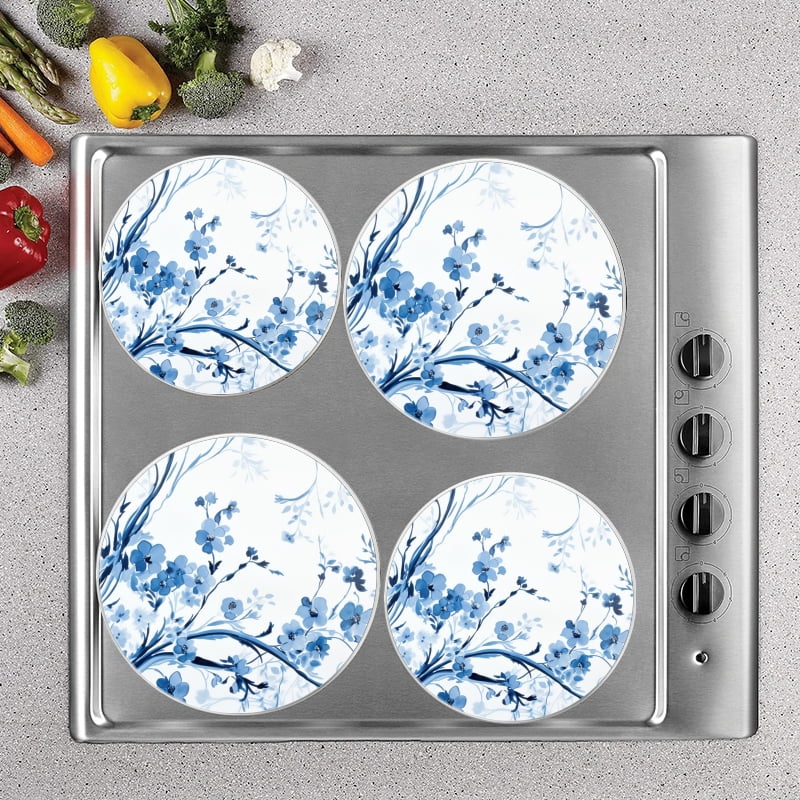 BaHomeck Electric Stove Burner Covers Set of 4,Round Metal Gas Stove Burner Covers 8 Inch and 10 Inch,Kitchen Decor,Blue And White Ink Painting Depicting A Pattern Of Small Flowers