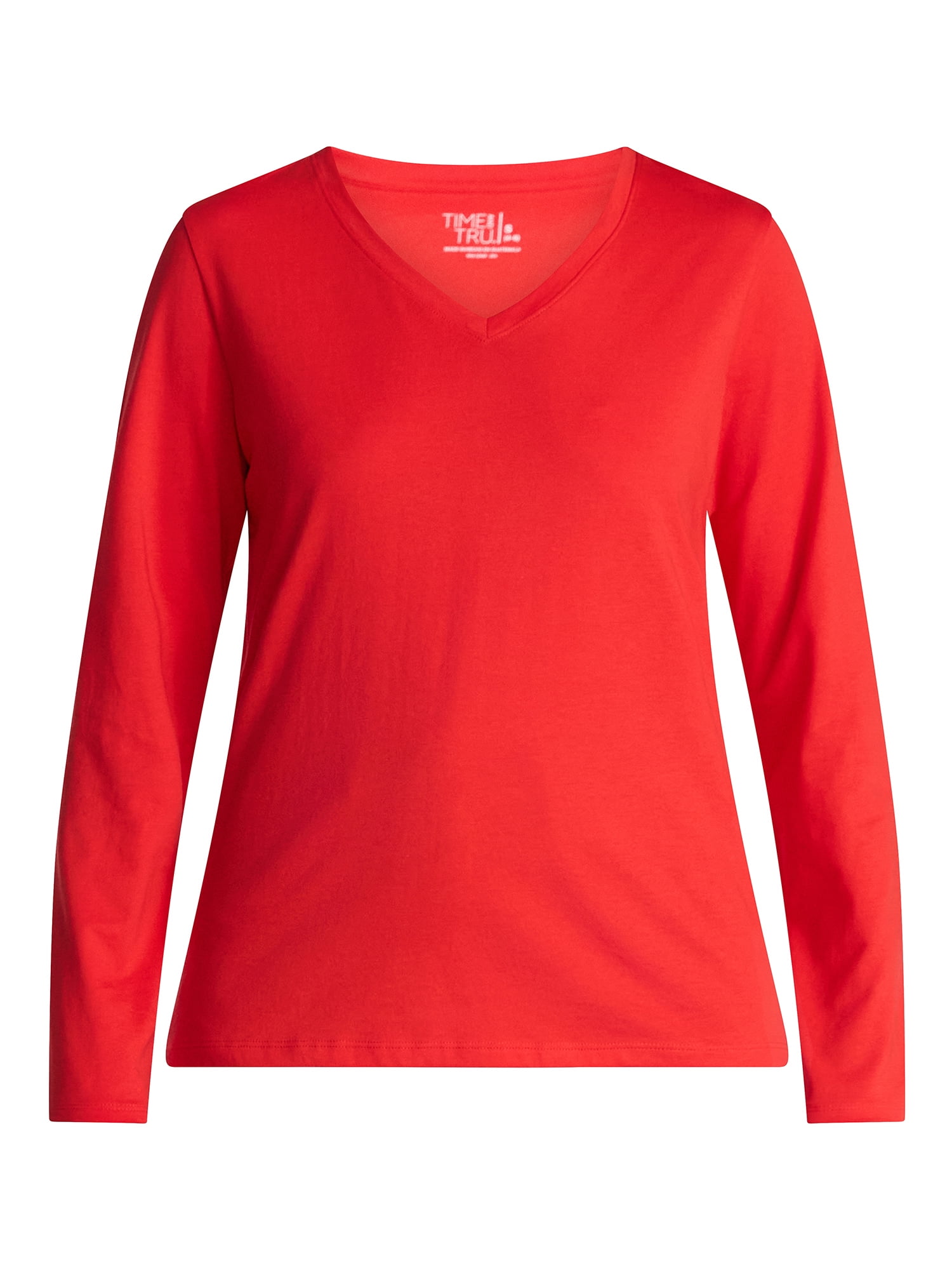 Time and Tru Women's Cotton V-Neck Tee with Long Sleeves, Sizes XS-XXXL