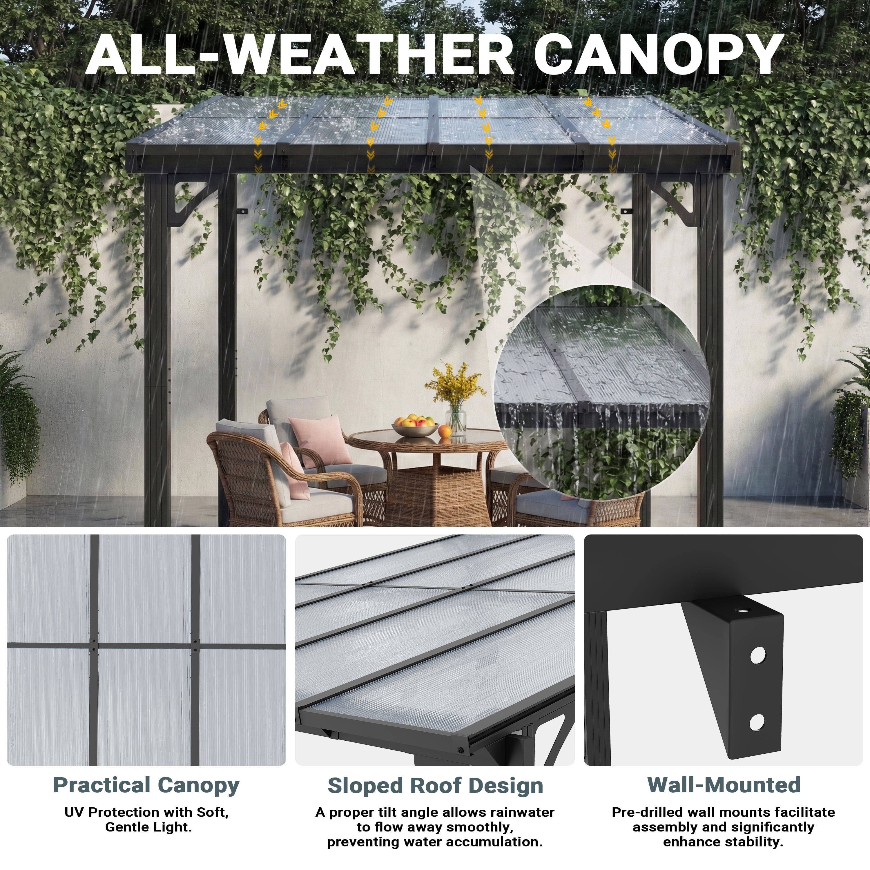 MUCHANT 10x8 ft Wall Mounted Gazebo, Hardtop Lean to Pergola with Polycarbonate Roof, Outdoor Patio Cover for Shade and Rain for Patios, Decks, Backyard