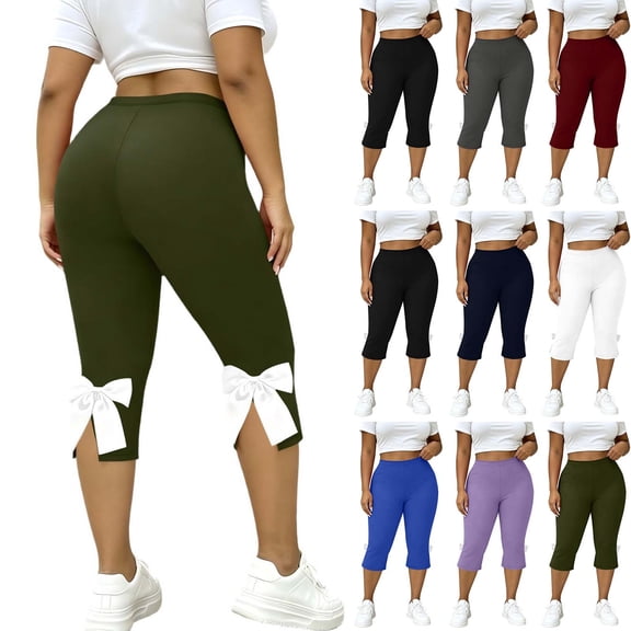 Women's Plus Size Yoga Capri, Elastic Waist Solid Color Split Hem Bow Detail, Stretch Capris for Women for Casual Fitness Daily | TruHer,Army Green L