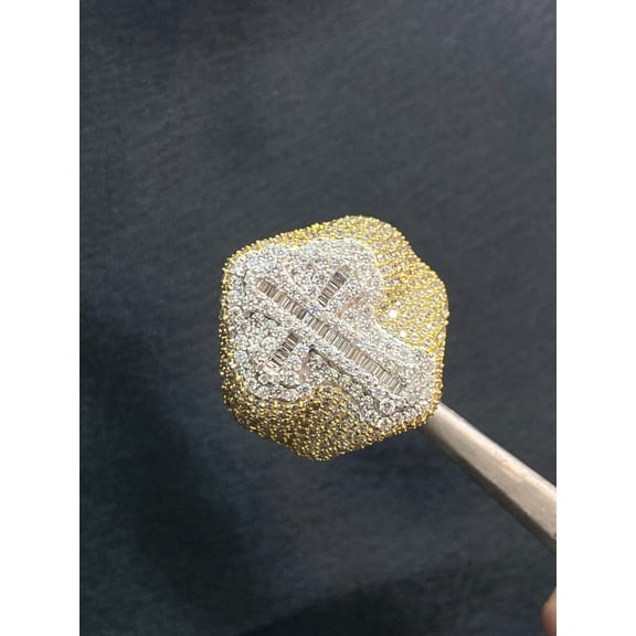 8.98 Carats Baguette Round Pave Diamonds Men's Hip Hop Large Cross Ring In Stamped 14K Yellow Gold