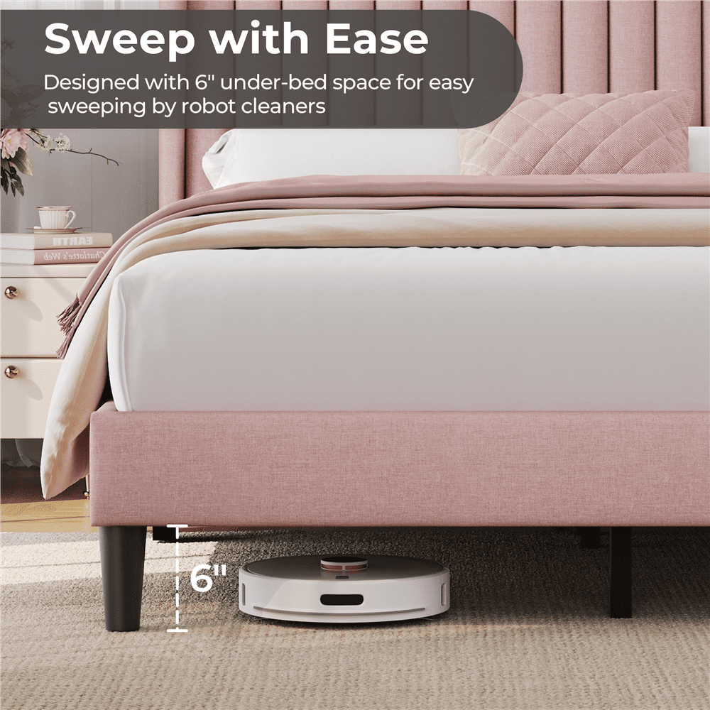 Renwick Queen Upholstered Platform Bed Frame with Channel Tufted Headboard, Pink