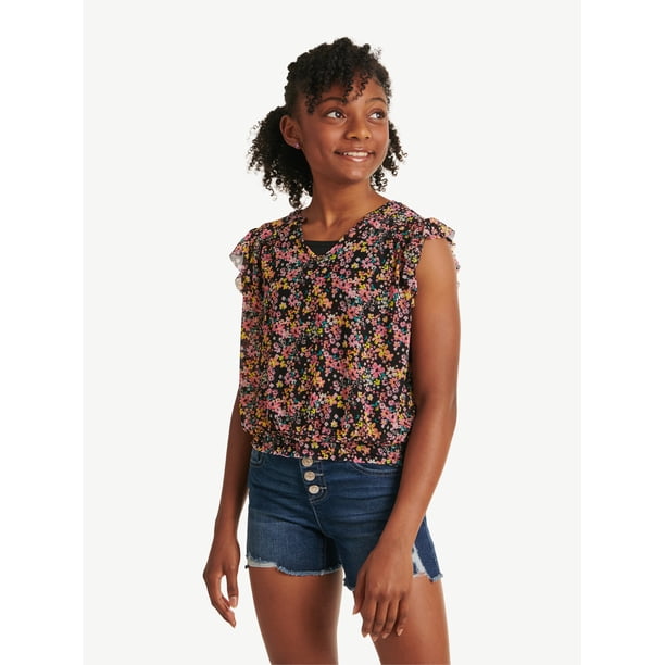 Combinaison Courte Fille Justice - Taille 12 - Viscose Blanche à Fleurs - Manches Courtes Crochet