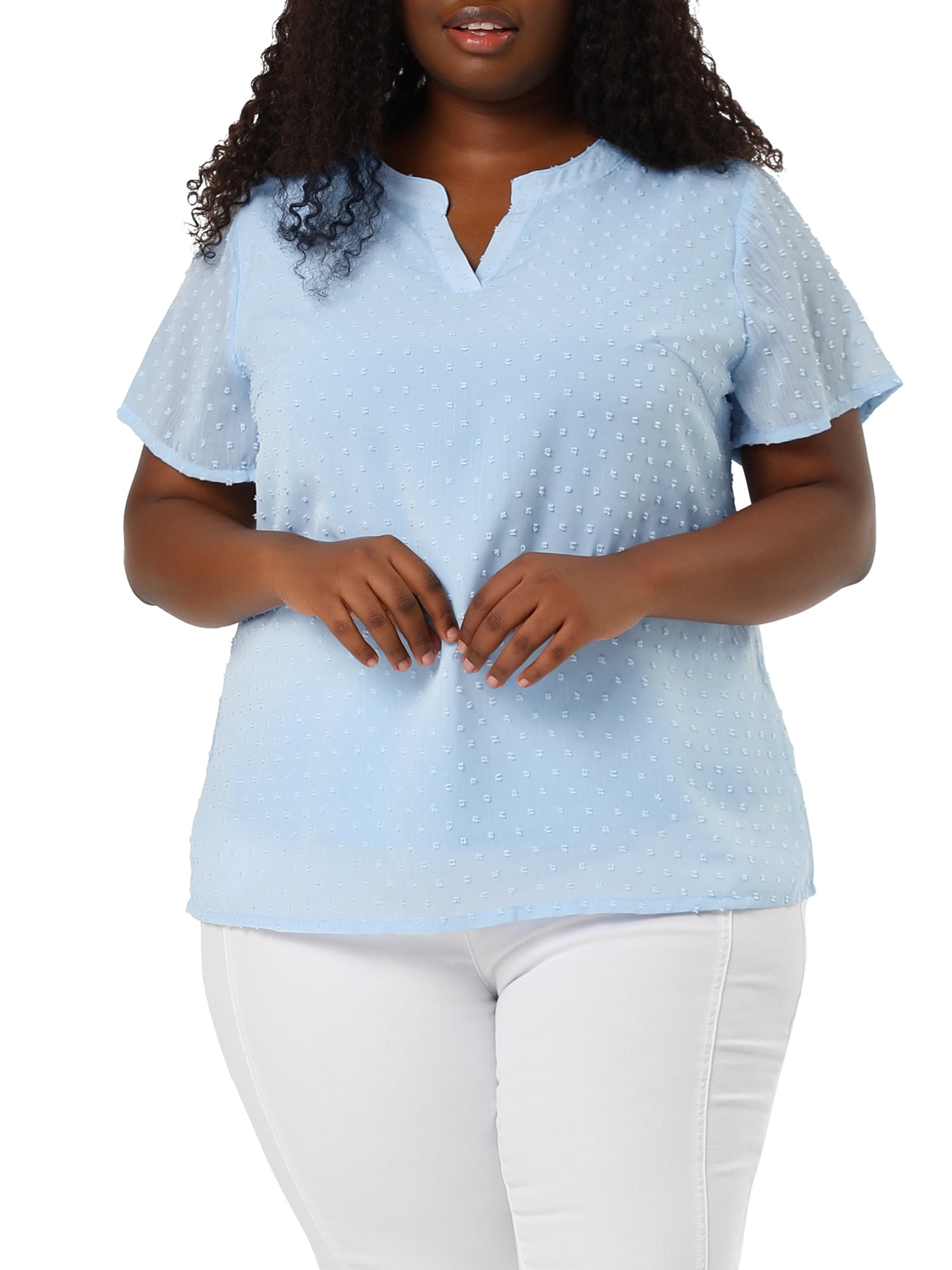 Unique Bargains Women's Plus Size Outfits Fashion Solid Pin Dots V Neck Top 4X Blue