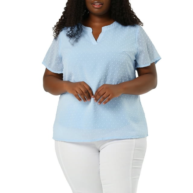 Agnes Orinda Women's Plus Size Tops Swiss Dots Short Sleeve Notched Neck Spring Summer Blouses 4X Blue