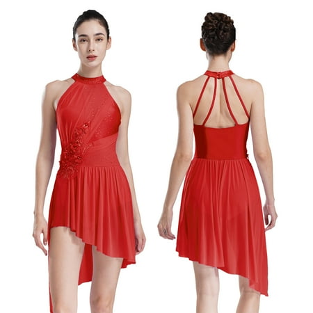 renvena Women Applique Lyrical Dress Irregular Flowy Tulle Skirt Leotard Contemporary Dance Costume Red L
