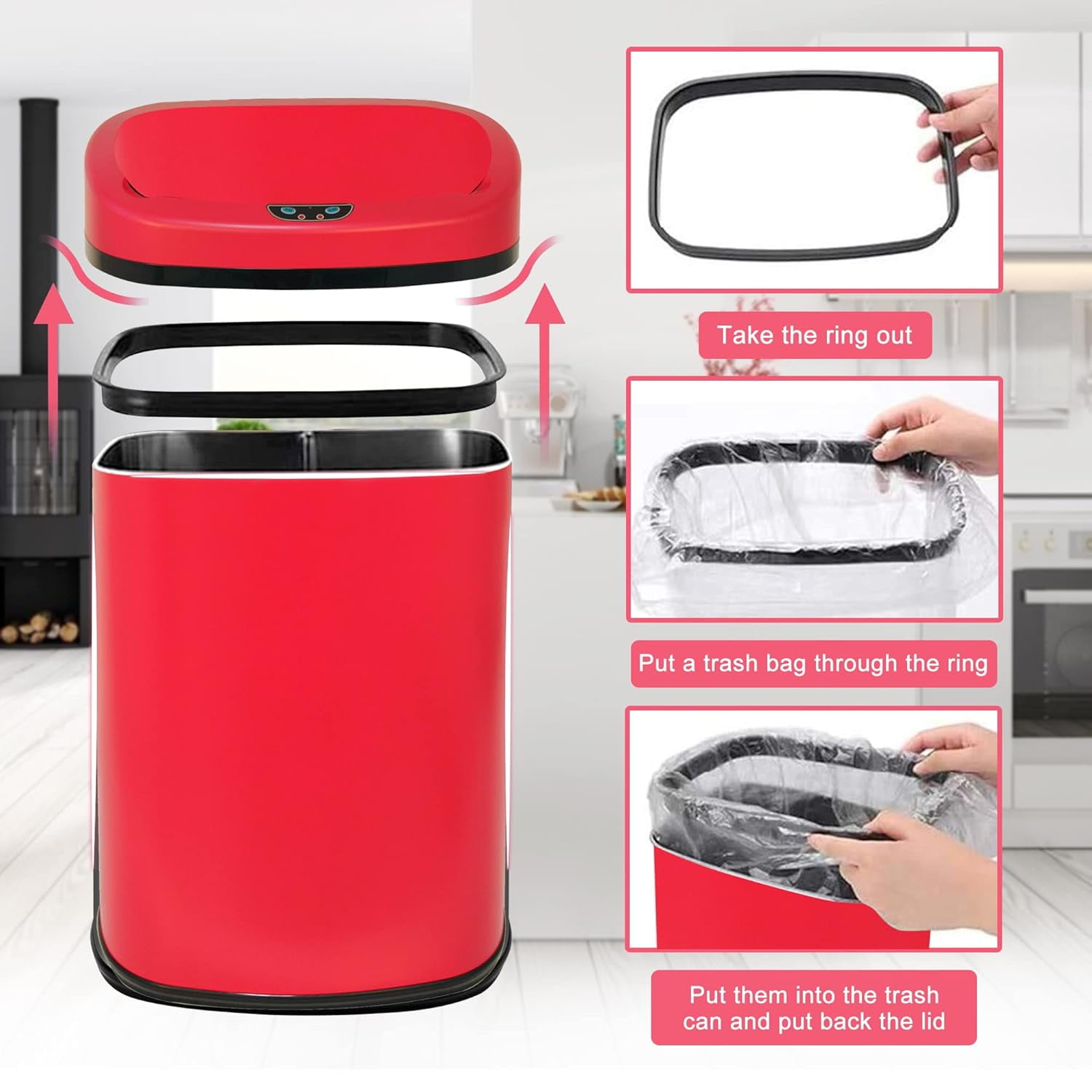 Dkelincs 13 Gallon Touch-Free Automatic Stainless Steel Garbage Can Kitchen Trash Can with Lid, Red