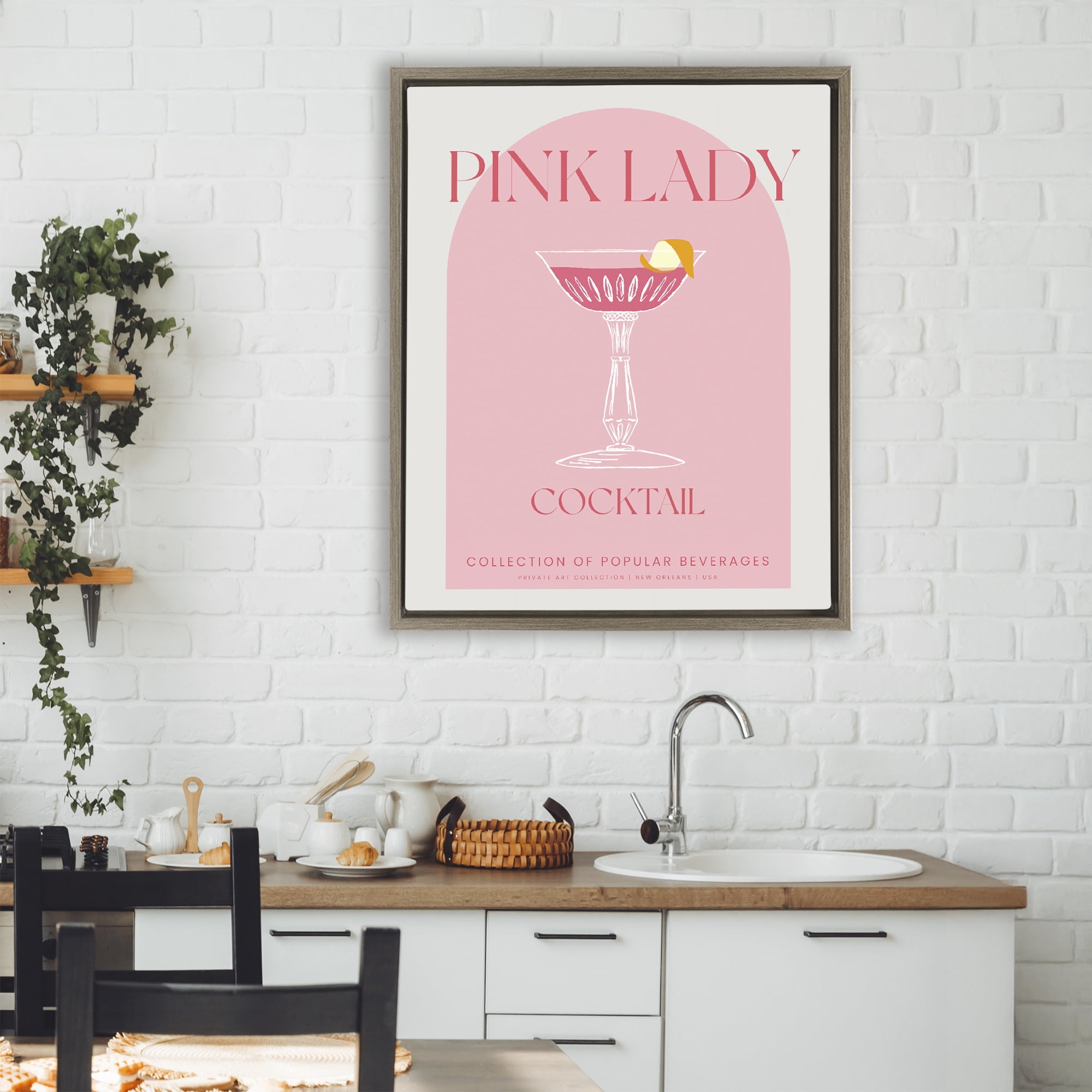 Stylish Retro Pink Lady Brown Framed Floater Canvas Wall Art, design by Lil' Rue