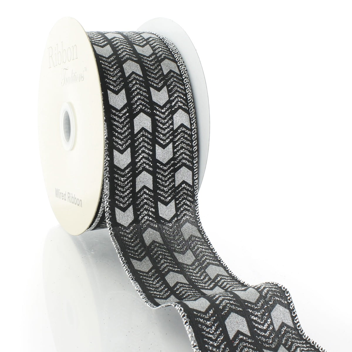 Ribbon Traditions 2 1/2" Wired Ribbon Black w/ Silver Glitter Arrows - 10 Yards