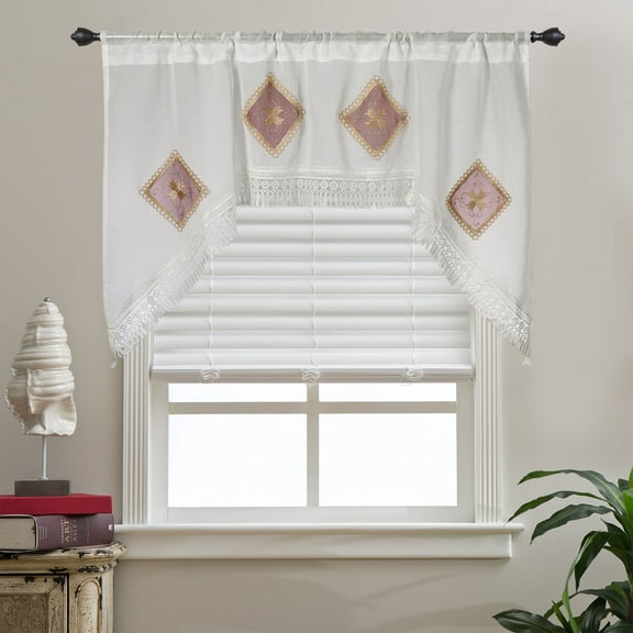 Violet Linen Emerald Sheer Embroidered Design, Window Valance, 60" x 15", Burgundy