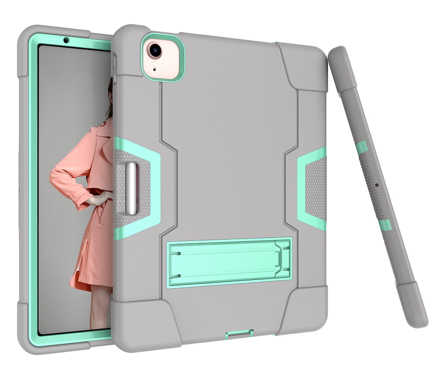 Allytech iPad Air 5 Case 2022, iPad Air 4 Case 2020, Heavy Duty Protection Shockproof Build In Kickstand Pencil Holder Kids Friendly Case for Apple iPad Air 5th 4th Generation, BlackGray/Aqua