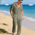 thumbnail image 5 of Men's 2 Piece Outfits Cotton Linen Vacation Summer Clothes Matching Short Sleeve Button Up Hoodie Pants Sets (3XL, Army Green), 5 of 8