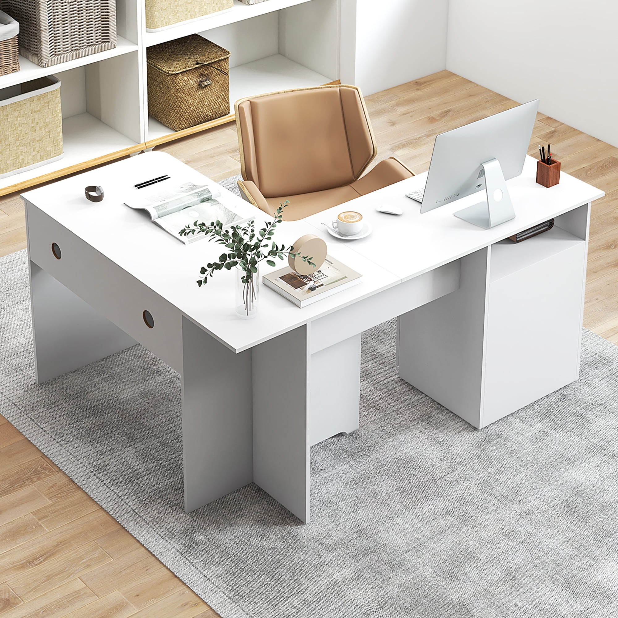 Gymax 59'' Corner Computer Desk L-Shaped Desk w/ Letter Size File Drawer & Open Shelf White