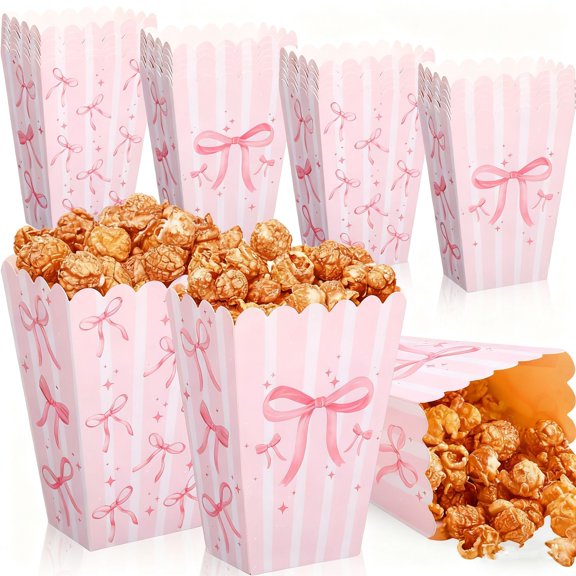 MODANU 24Pcs Pink Bow Mini Popcorn Boxes, Popcorn Containers Open Top Goodies Treat Candy Bags for Wedding Baby Shower Party Supplies(Pink)