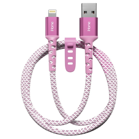 iHome Durastrain Lightning to USB-A Nylon Cable with Wrap, 6', Pink