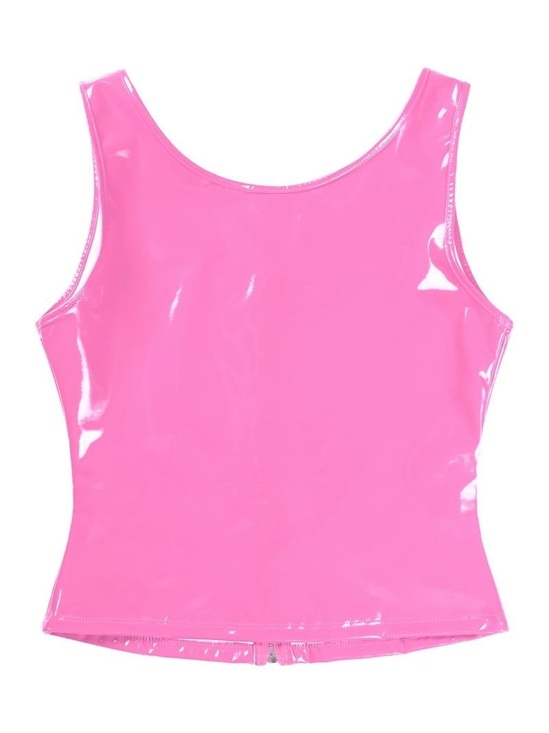 Alvivi Women Wetlook Skinny Crop Top Patent Leather Latex U Neck