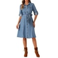 thumbnail image 2 of Vestido de mezclilla INSPIRE CHIC para mujer, de manga larga, con botones, estilo A-line, con cinturón, vestido clásico de jeans, talla S, azul claro, 2 of 6