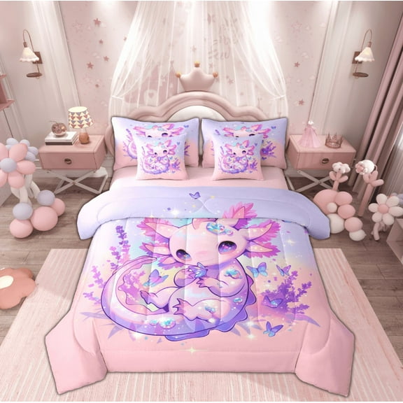 Manfei Dreamy Axolotl Twin Bedding Sets 7-Piece for Teen, Glitter Diamond Print Bedding Comforter Set, Kawaii Cartoon Animal Reversible Sheet Sets, Super Cozy Room Decor