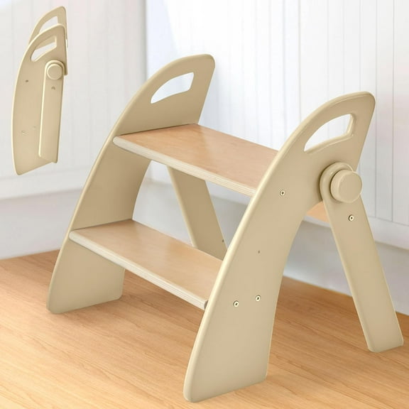 Wooden Step Stool, 300 lb. Load Capacity, with Safety Non-Slip Pads and Handles, Bamboo Step Stool for Bathroom and Kitchen, Children's Double Height(Log Color)
