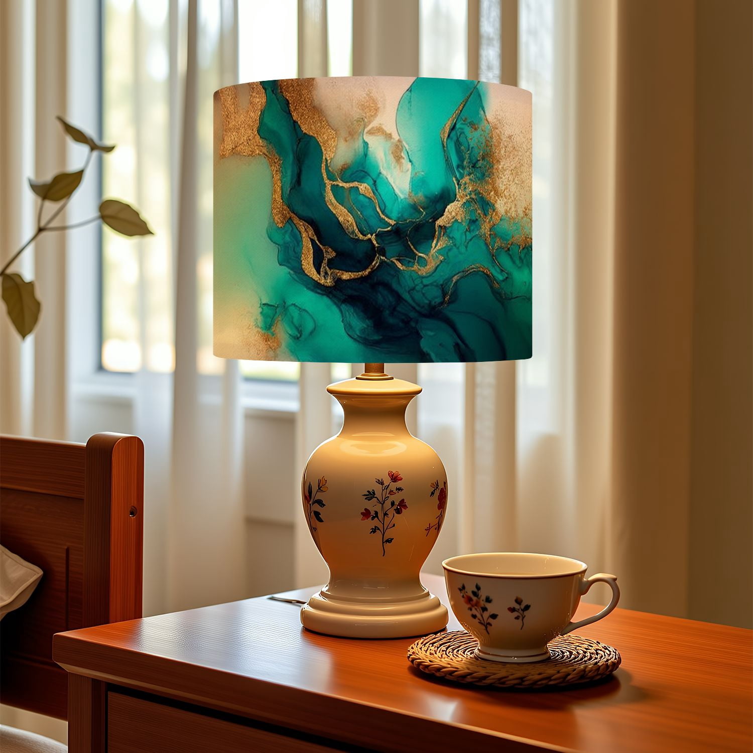 Linen Drum Lampshades Pastel cyan mint liquid marble watercolor gold lines brush stains Teal 13"x13"x10" Light Shade for Table Lamps Floor Lamp Shades Lampshade Replacement Assembly Required