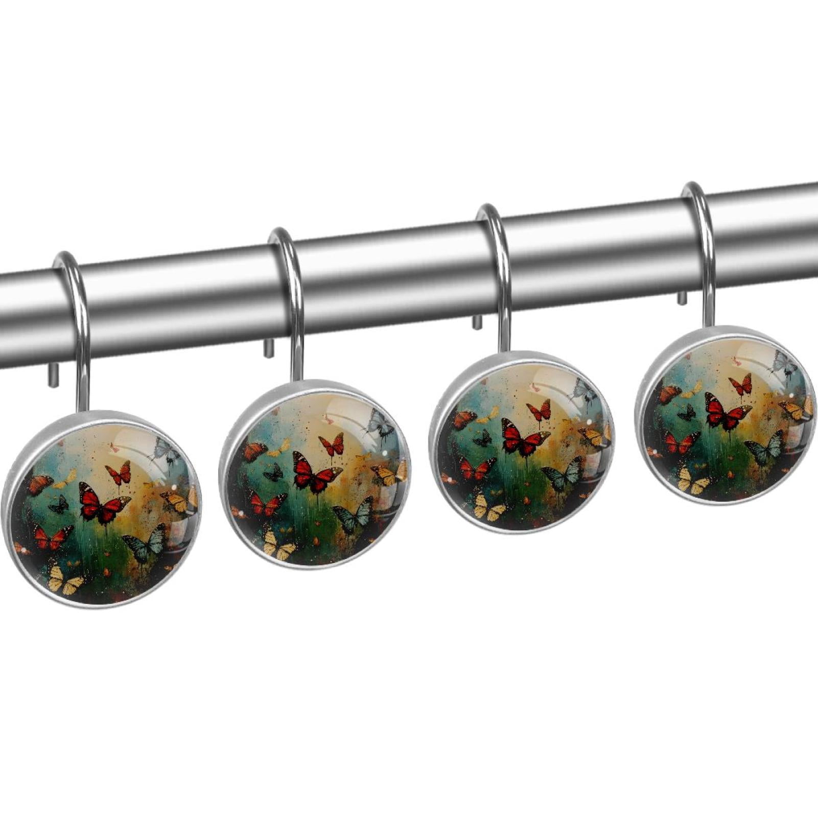 Colorful Painting Butterfly Shower Curtain Hooks Round Crystal Glass, Set of 12 Shower Curtain Rings - Shower Hooks for Curtain Shower Rings
