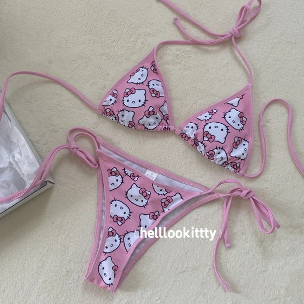 Bikini HelloKitty gato rosa lindo niña fresca traje de baño dividido femenino con almohadilla para el pecho estilo de tres puntos