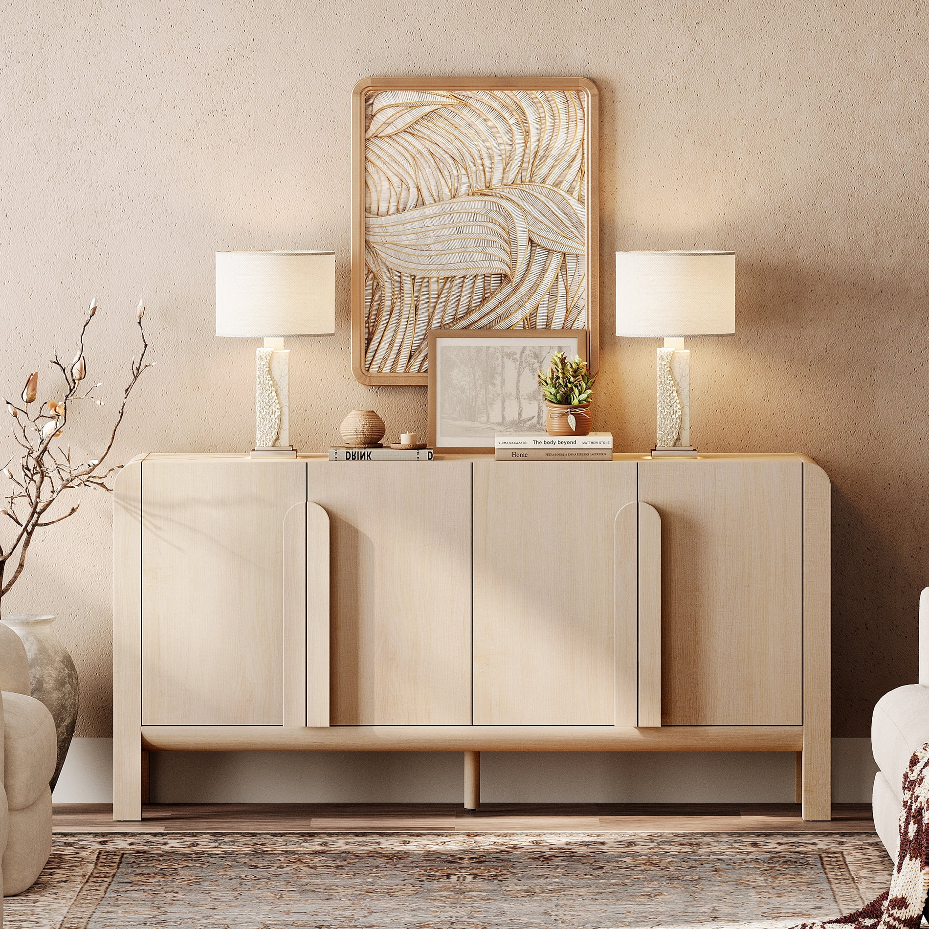 63" Accent Cabinet with 4 Doors and Adjustable Shelves, Modern Credenza Storage Cabinet with Curved Profile Design for Living Room, Kitchen, Dining Room, Hallway