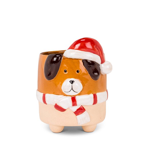 Set of 2 Large Dog with Santa Hat Planter