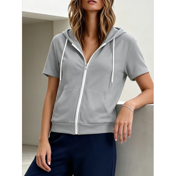 Caywon Women's Short Sleeve Zip-Up Hoodie with Drawstring and Pockets, Loose Cut Casual Sporty Top for Summer Layering and Travel