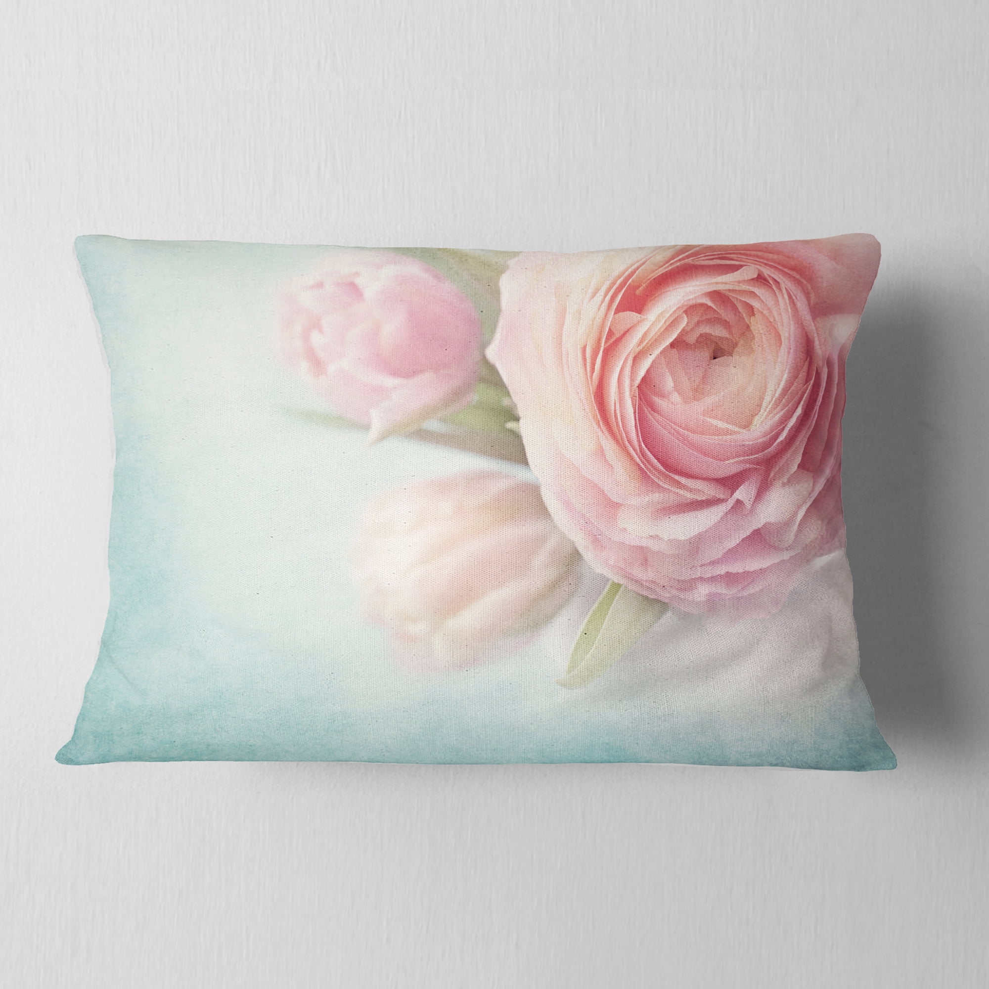 Designart Pink Flowers against Blue Background - Floral Throw Pillow - 12x20