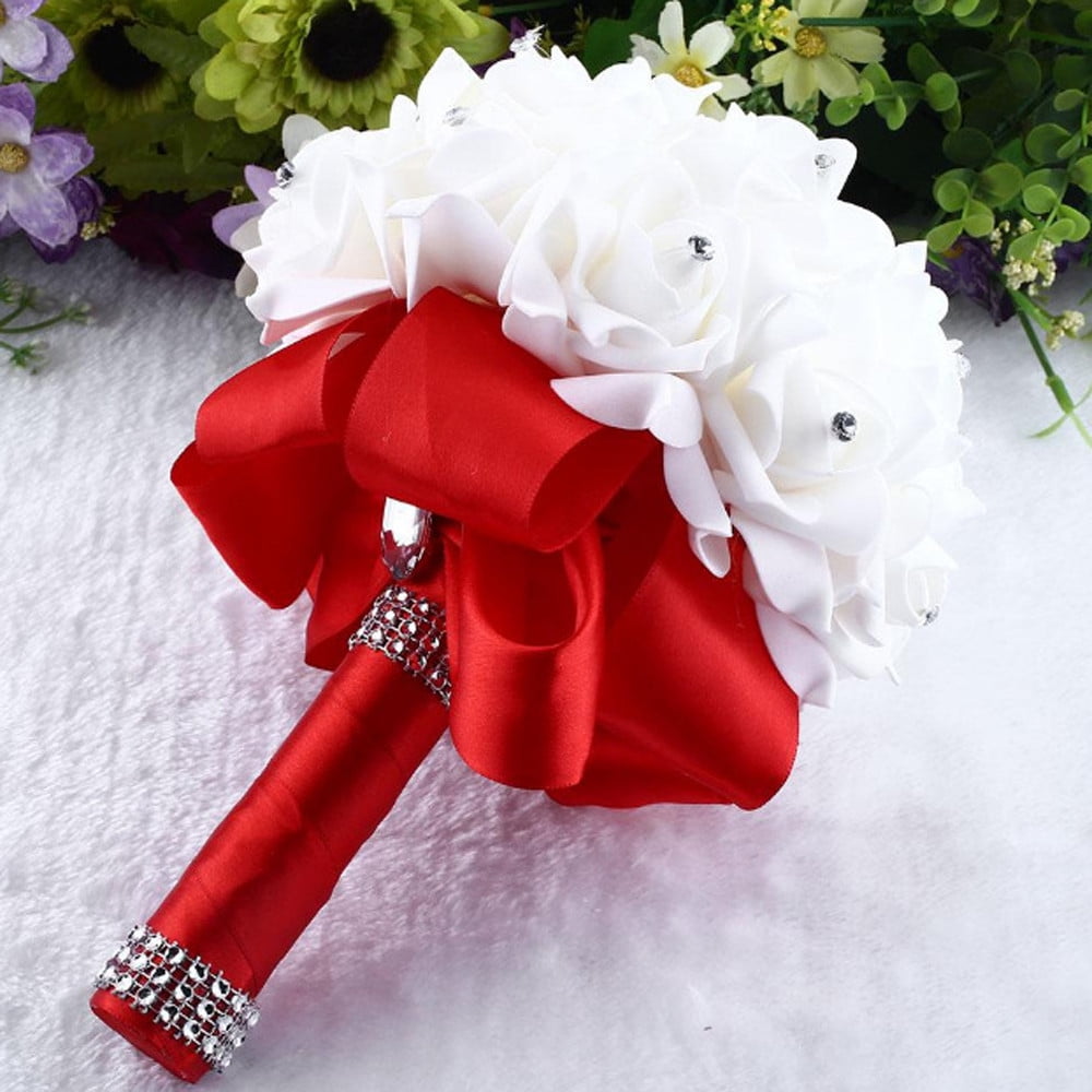 Crystal Roses Pearl Bridesmaid Wedding Bouquet Bridal Artificial Silk Flowers LY 