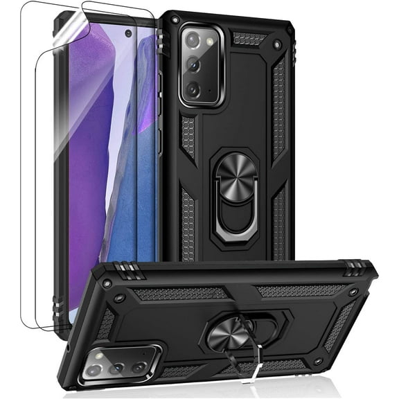 REQO for Samsung Galaxy Note 20 Case, Note20 5G Case with HD Screen Protectors, Military-Grade Metal Ring Holder Kickstand 15ft Drop Tested Shockproof Cover Case for Samsung Galaxy Note 20 Black