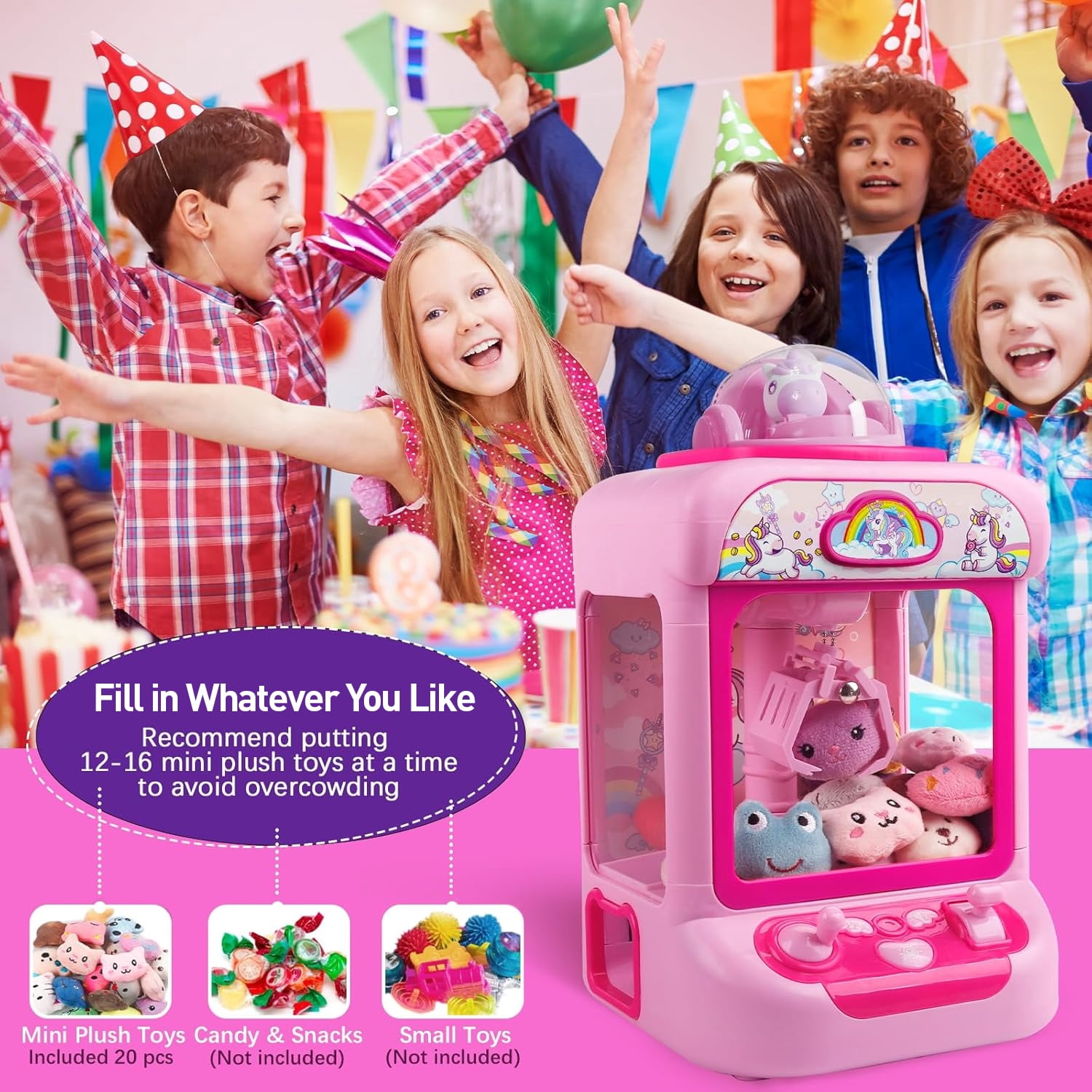 Liegorji Unicorns Claw Machine Set Toys, Mini Arcade Candy Vending Machine with 20 Stuffeds Toys, Birthday Party Gifts for Age 3 4 5 6 7 8