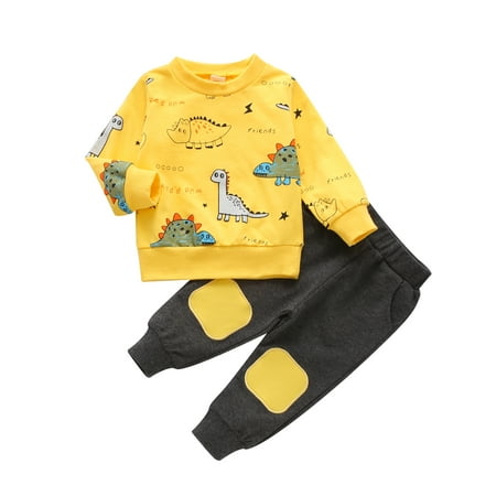 

Toddler Baby Boy Outfits Long Sleeve Cartoon Dinosaur Printed Pullover Patched Sweatpants Tracksuit 2PCS