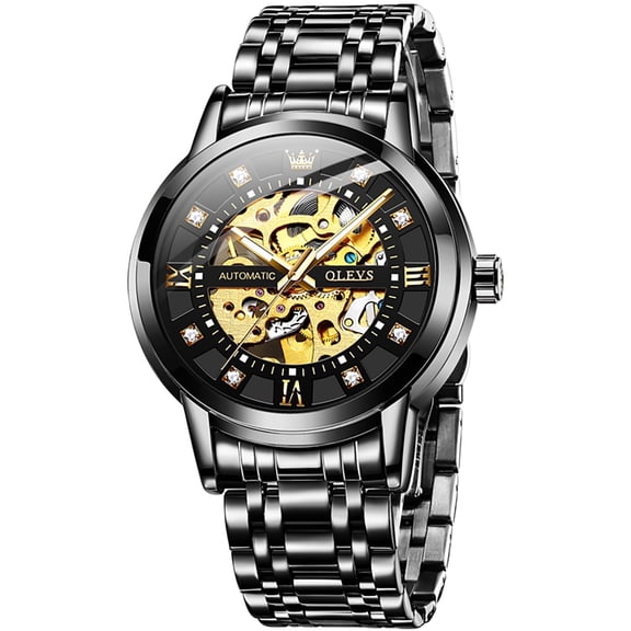 OLEVS Skeleton Watches for Mens Automatic Mechanical self Winding Luxury Business Dress Stainless Steel Waterproof Luminous Mens Wrist Watches Reloj Para Hombre Blue/White/Black/Plated Golden Dial