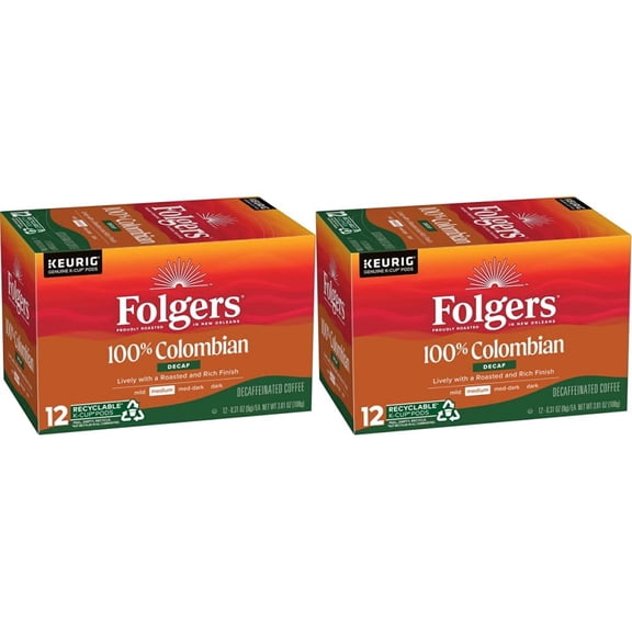 Folgers 100 Colombian Decaf Medium Roast Coffee Keurig Kcup Pods, Lively Columbian, 12 Count (Pack Of 2).
